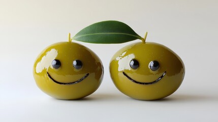 Happy Green Olives with Smiling Faces and Leaf Decoration