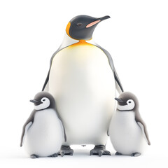 Obraz premium Realistic penguin with two baby emperor penguin