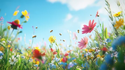 Poster de jardin Prairie, marais Colorful Flowers in a Bright Field with Bees and Blue Sky Above  © Tatyana