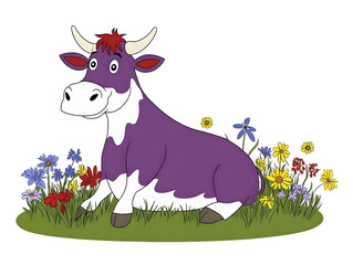 A purple and white cow in Milka style lying on an alpine meadow.
