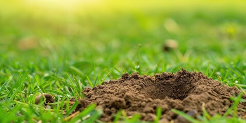 Fototapeta premium A fresh molehill of dark soil sits on a grassy lawn