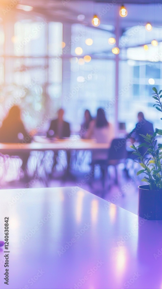 Poster amidst soft lighting and vibrant colors, a group of business professionals discusses strategies at a