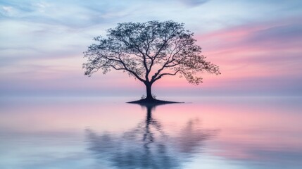 Serene Sunset Reflection of a Lonely Tree on Calm Water Surface
