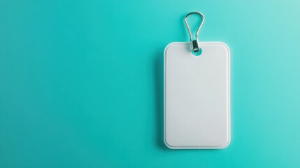 Fototapeta premium White plastic badge holder with metal hook, high-quality mockup, pastel cyan background