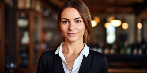 Fototapeta premium Smiling female sommelier enjoys in a cozy cellar, exuding elegance and expertise. The warm wood shelves and bottles create a luxurious winer