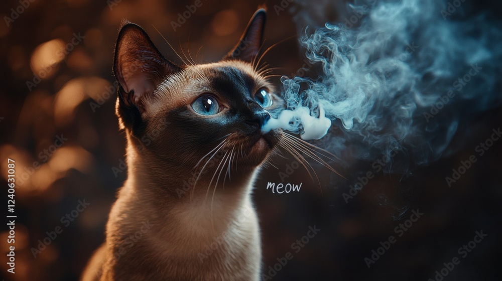 Poster depict siamese cat blowing smoke with the word meow hidden in the intricate patterns against a dark 