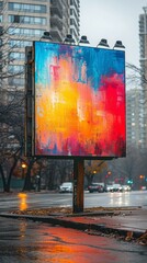 A small billboard placed at a busy intersection, with a bold and colorful advertisement.