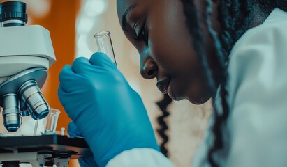 A proficient female microbiologist investigates medical samples with a state-of-the-art microscope in a technologically advanced lab, promoting healthcare breakthroughs
