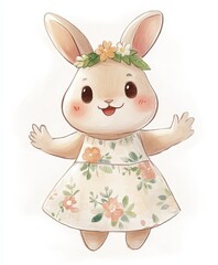 Obraz premium Cute cartoon bunny character in floral dress with cheerful expression