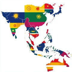 Obraz premium Colorful Map Representation of Asia Featuring Various National Flags and Symbols In a Vibrant Mosaic Style