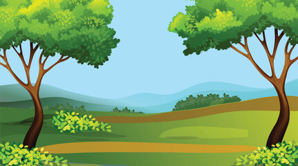 Beautiful landscape vector illustration of mountains, forests, fields and meadows. Stunning panoramic farm landscape with mountains in the background. landscape for printing.
