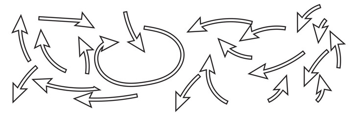 Arrows hand drawn doodle icons set. Curved cartoon arrows sketches collection. Flat and thin pointers illustrations. Scribble swirl arrow signs.