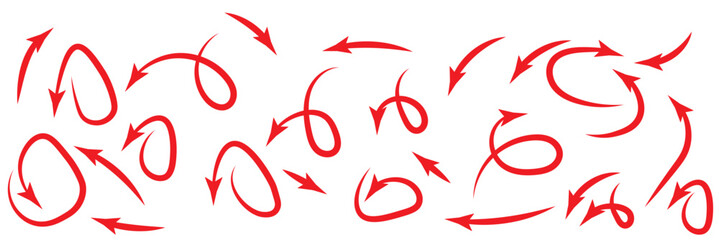 Arrows hand drawn doodle icons set. Curved cartoon arrows sketches collection. Flat and thin pointers illustrations. Scribble swirl arrow signs.