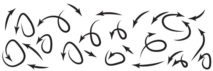 Arrows hand drawn doodle icons set. Curved cartoon arrows sketches collection. Flat and thin pointers illustrations. Scribble swirl arrow signs.