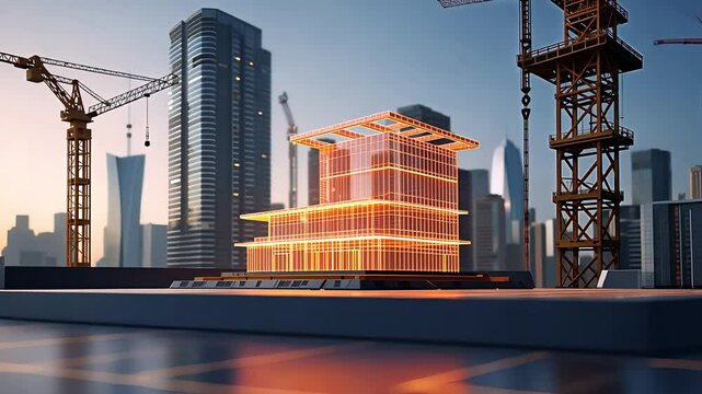 Futuristic Smart City Construction Site With Digital Building Hologram, Tower Cranes, and Modern Skyscrapers

 - Powered by Adobe