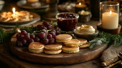 Naklejka premium Rustic Christmas Table Setting with Pancakes Grapes and Cranberry Sauce