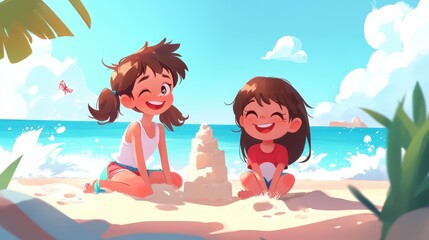 Two cheerful girls build a sandcastle on a sunny beach, enjoying their playful day by the ocean.