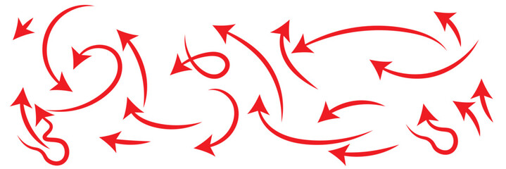 Arrows hand drawn doodle icons set. Curved cartoon arrows sketches collection. Flat and thin pointers illustrations. Scribble swirl arrow signs.