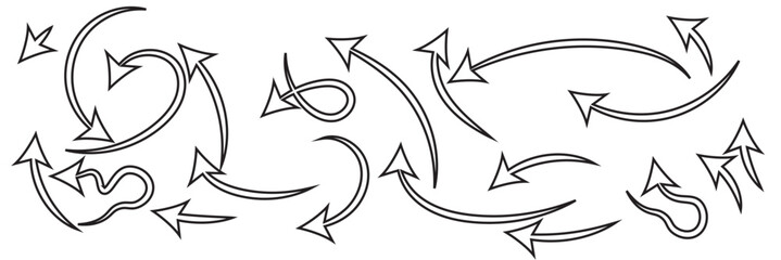 Arrows hand drawn doodle icons set. Curved cartoon arrows sketches collection. Flat and thin pointers illustrations. Scribble swirl arrow signs.