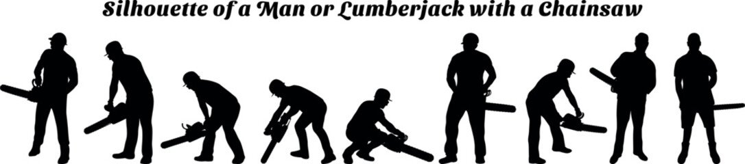 Silhouette of a Man or Lumberjack with a Chainsaw