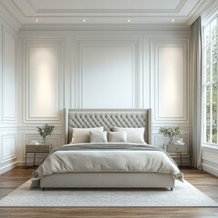 Fototapeta premium Free PNG frame mockup in a Scandinavian-style interior bedroom with a transparent background, 3D rendering