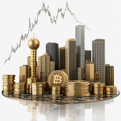 Golden skyscrapers with stacks of coins and Bitcoin symbol reflecting economic growth and urban investment landscape