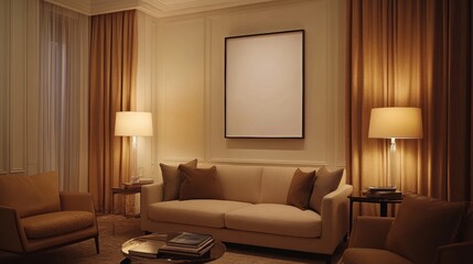 Elegant and Cozy Living Room with Warm Lighting and Soft Textiles