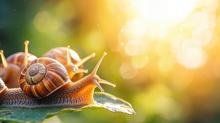 Snails exploring green leaves nature scene macro photography sunlit environment close-up view