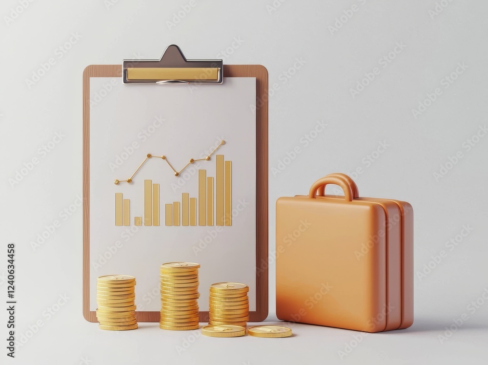 Poster 3d minimal data analysis. business trading. business visualization. briefcase with a clipboard and a