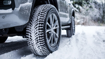Winter Tires on Snow Close-Up with Deep Tread Pattern, Snowy Road Surface, High-Performance Grip, Cold Weather Traction, Seasonal Automotive Safety, High-Resolution Detail, Perfect for Winter Driving 