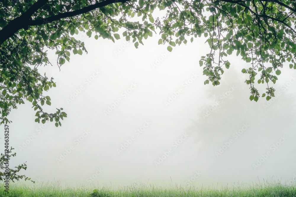 Poster mystical morning fog envelops a tranquil green landscape at dawn, creating a serene and peaceful atm
