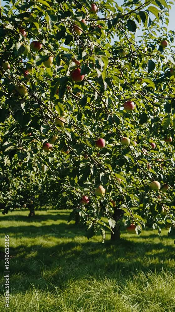 Poster a warm orchard at the peak of summer, with apple-laden branches arching over soft grass and golden l