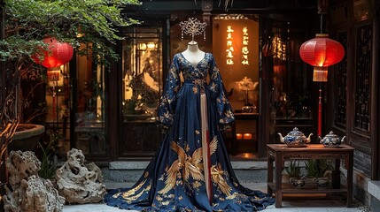traditional hanfu with golden phoenix embroidery attire