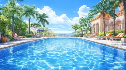 Fototapeta premium A tranquil pool scene surrounded by palm trees and vibrant flowers, under a bright blue sky and fluffy clouds, offering a serene getaway by the ocean.