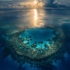 Fototapeta premium Stunning aerial view of a circular coral reef at sunset in a tropical ocean landscape
