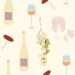 Seamless pattern featuring wine bottles, glasses, grapes, and cheese on cream background. Concept of wine and food pairing