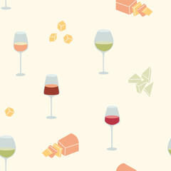 Seamless pattern featuring wine bottles, glasses and cheese on cream background. Concept of wine and food pairing
