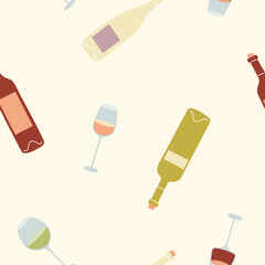 Seamless pattern featuring wine bottles, glasses on cream background.