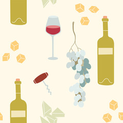 Seamless pattern featuring wine bottles, glasses, grapes, and cheese on cream background. Concept of wine and food pairing. Perfect for fabric and restaurant beverages menu.
