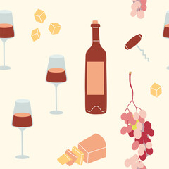 Seamless pattern featuring wine bottles, glasses, grapes, and cheese on cream background. Concept of wine and food pairing. Perfect for fabric and restaurant beverages menu.