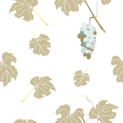 Seamless pattern with grapevine leaves and clusters of grapes on white. Grapevine leaves and red grape bunches in a seamless pattern. Flat style design on a white background.