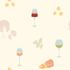 Seamless pattern featuring wine bottles, glasses and cheese on cream background. Concept of wine and food pairing. Perfect for fabric and restaurant beverages menu.