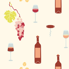 Seamless pattern featuring wine bottles, glasses, grapes, and cheese on cream background. Concept of wine and food pairing. Perfect for fabric and restaurant beverages menu.