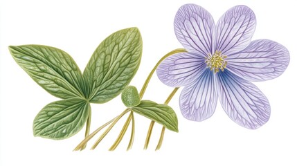 Detailed Illustration of Purple Flower with Green Leaves and Buds