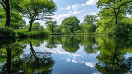 Peaceful lake scene with lush greenery and clear blue skies