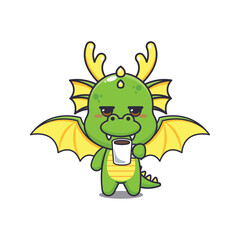 dragon mascot cartoon character vector illustration is tired and sleepy holding coffee.