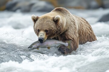 Fototapeta premium Bear Catching Salmon in River Rapids - A Stunning Wildlife Moment