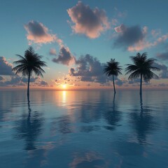 Stunning sunset with palm trees reflected in calm ocean water near tropical shore
