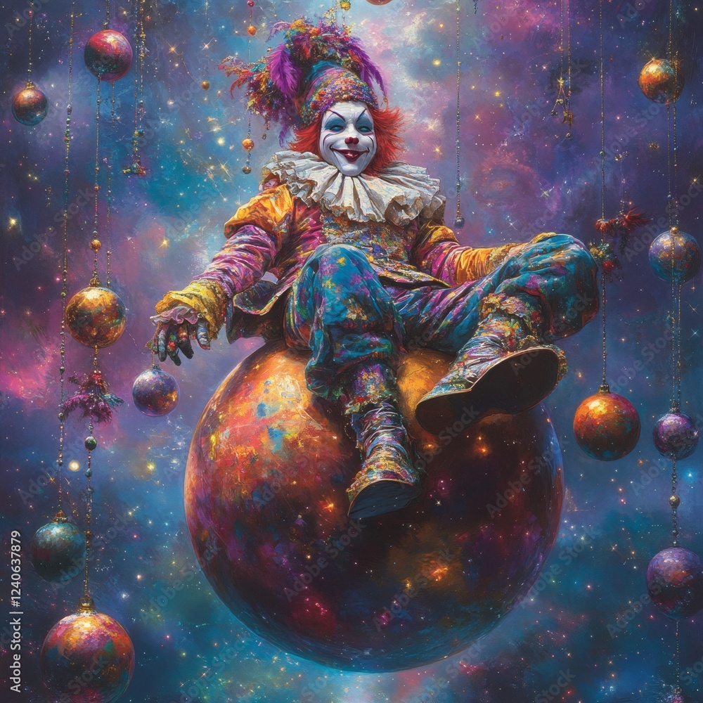 Poster cosmic jester perched on a glowing sphere enveloped in floating planets shiny bubbles and dangling o