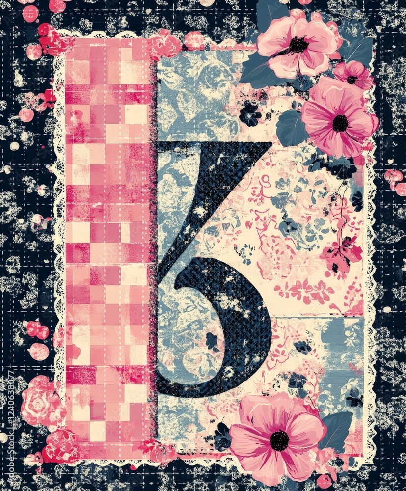 Aufkleber decorative number three design with floral patterns and textures
